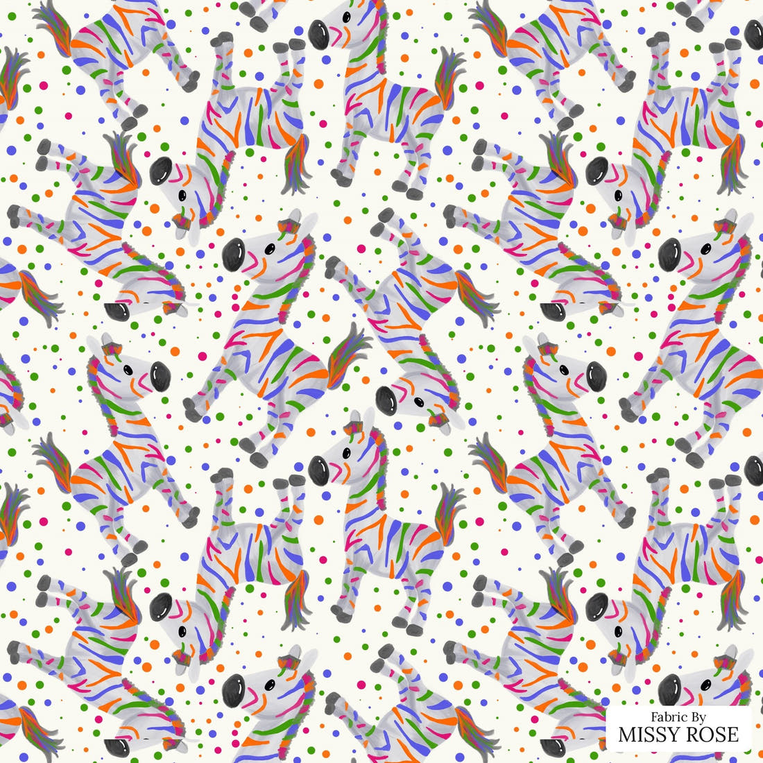 Design 428 Colourful Zebra Fabric - flat view of the print, zoom in for detail | Fabric by Missy Rose