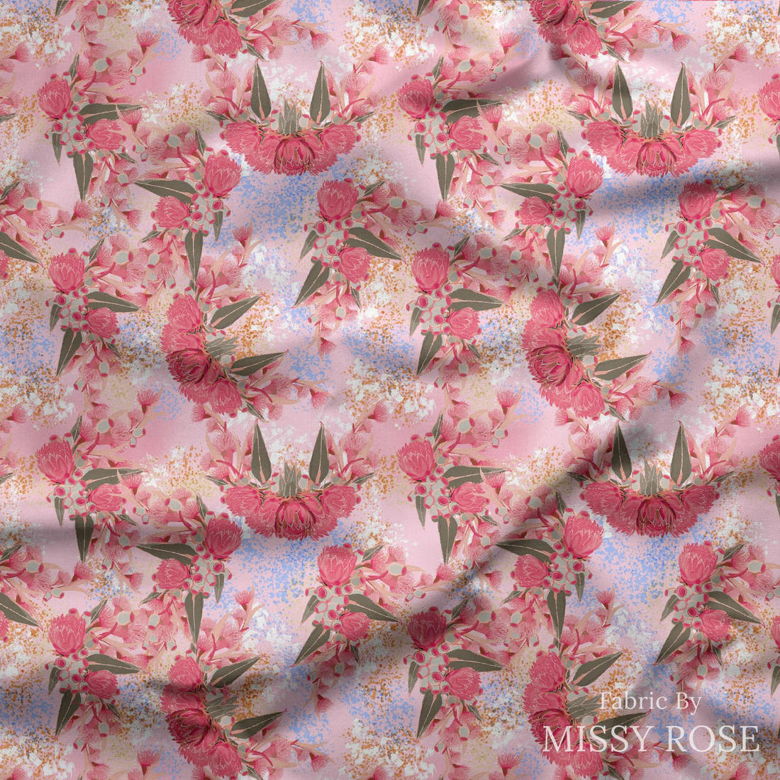 Design 429 Australian Floral Fabric draped fabric mockup – custom printed fabric by the metre | Fabric by Missy Rose