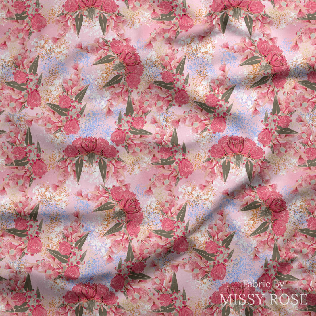 Design 429 Australian Floral Fabric draped fabric mockup – custom printed fabric by the metre | Fabric by Missy Rose