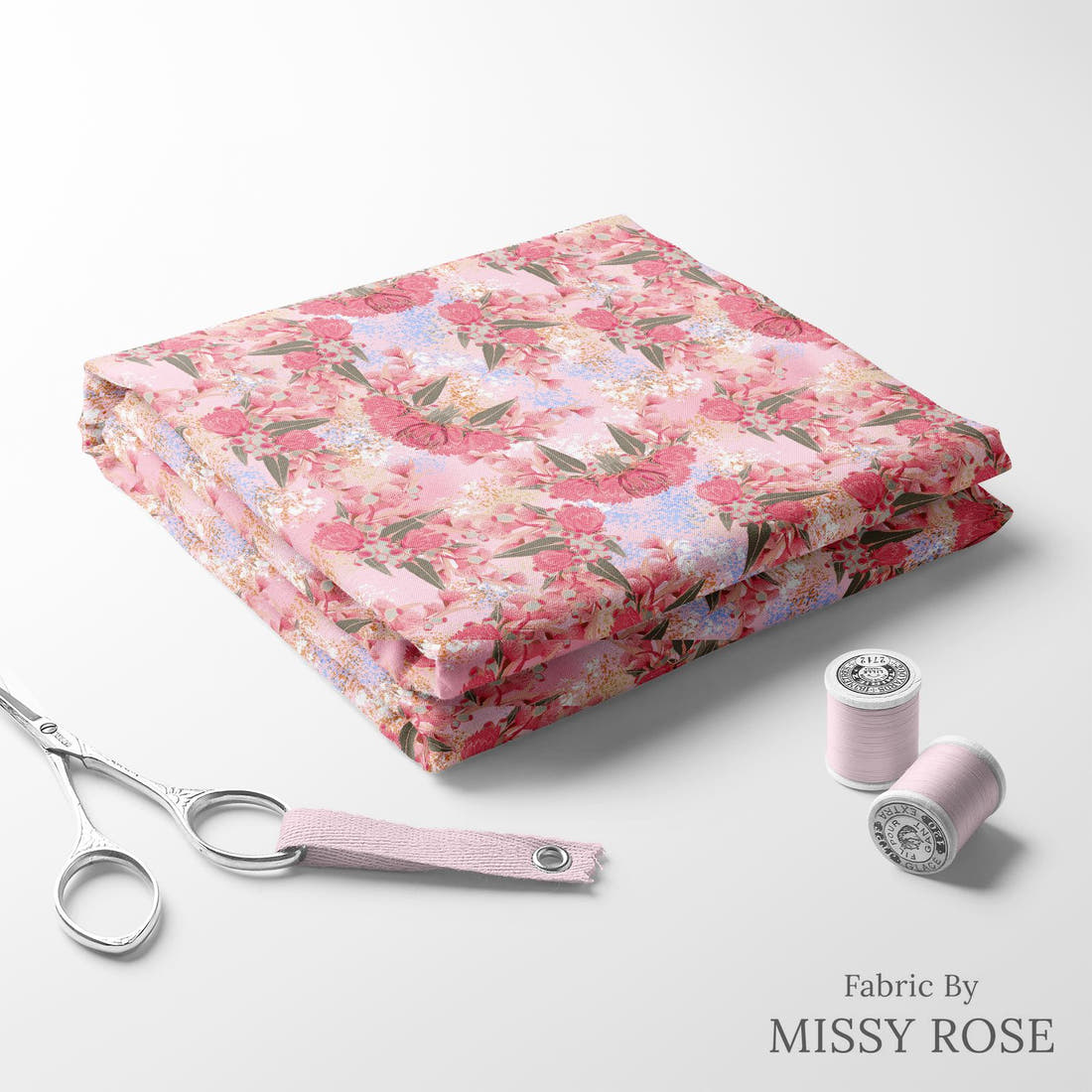 Design 429 Australian Floral Fabric folded fabric stack with matching thread – pre-order fabric Australia | Fabric by Missy Rose