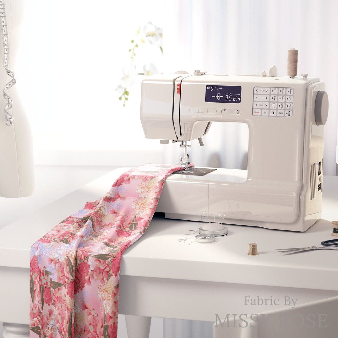 Design 429 Australian Floral Fabric on a sewing machine – premium fabric for sewing projects | Fabric by Missy Rose