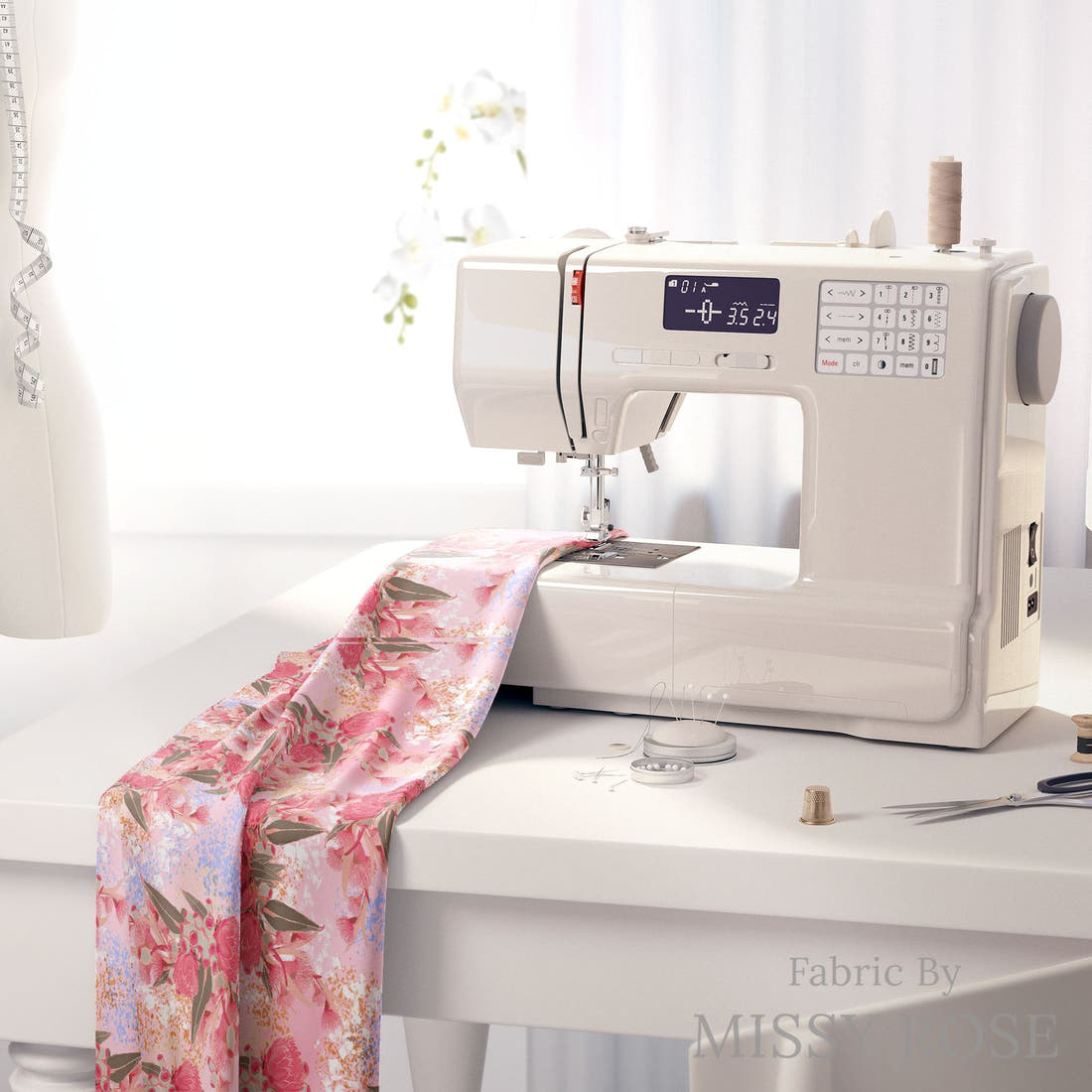 Design 429 Australian Floral Fabric on a sewing machine – premium fabric for sewing projects | Fabric by Missy Rose