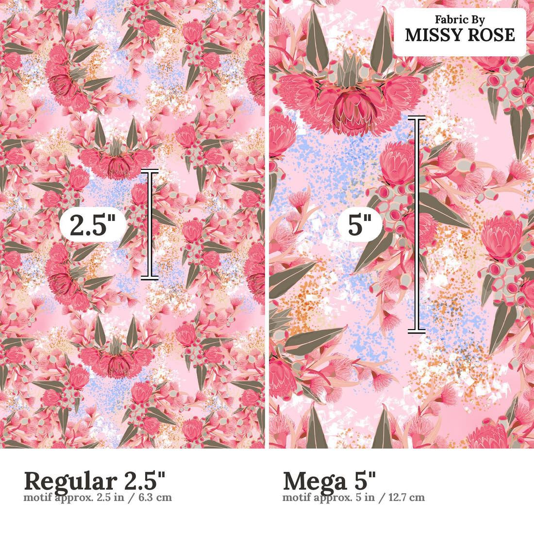 Design 429 Australian Floral Fabric size comparison - print scale | Fabric by Missy Rose