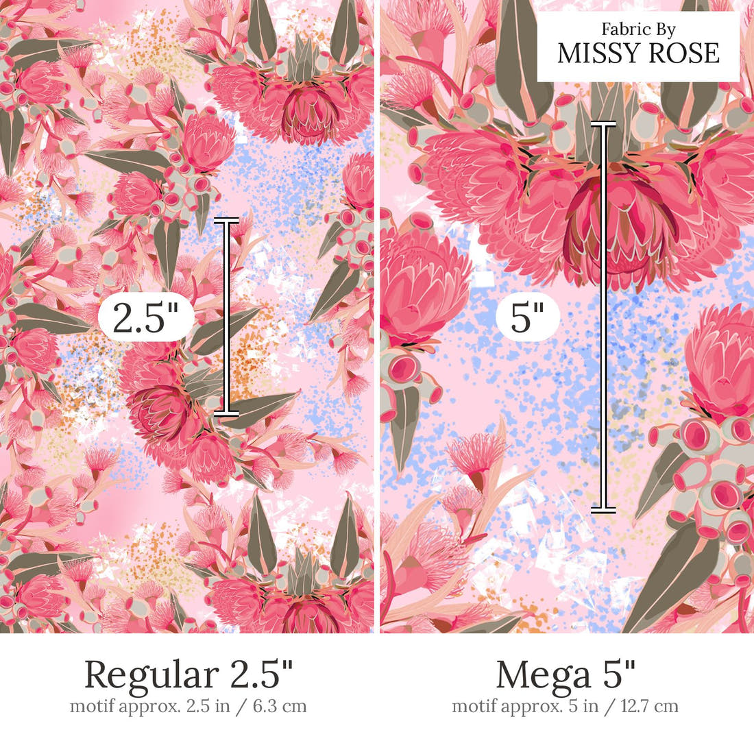 Design 429 Australian Floral Fabric Regular 2.5 inch vs Mega 5 inch print scale side by side | Fabric by Missy Rose