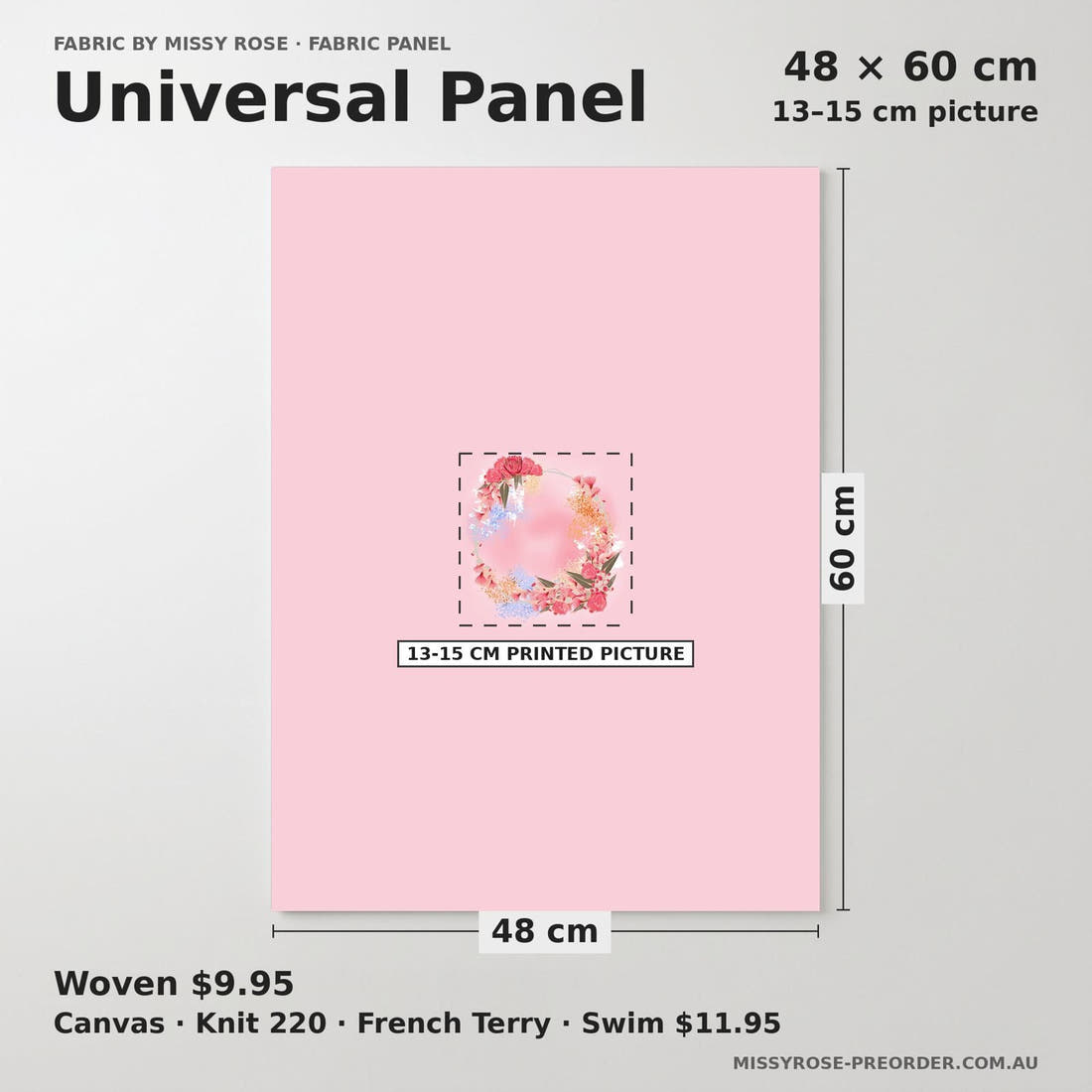 Design 429 Australian Floral Panel universal panel sizing – 13–15 cm printed picture on 48 × 60 cm fabric | Fabric by Missy Rose