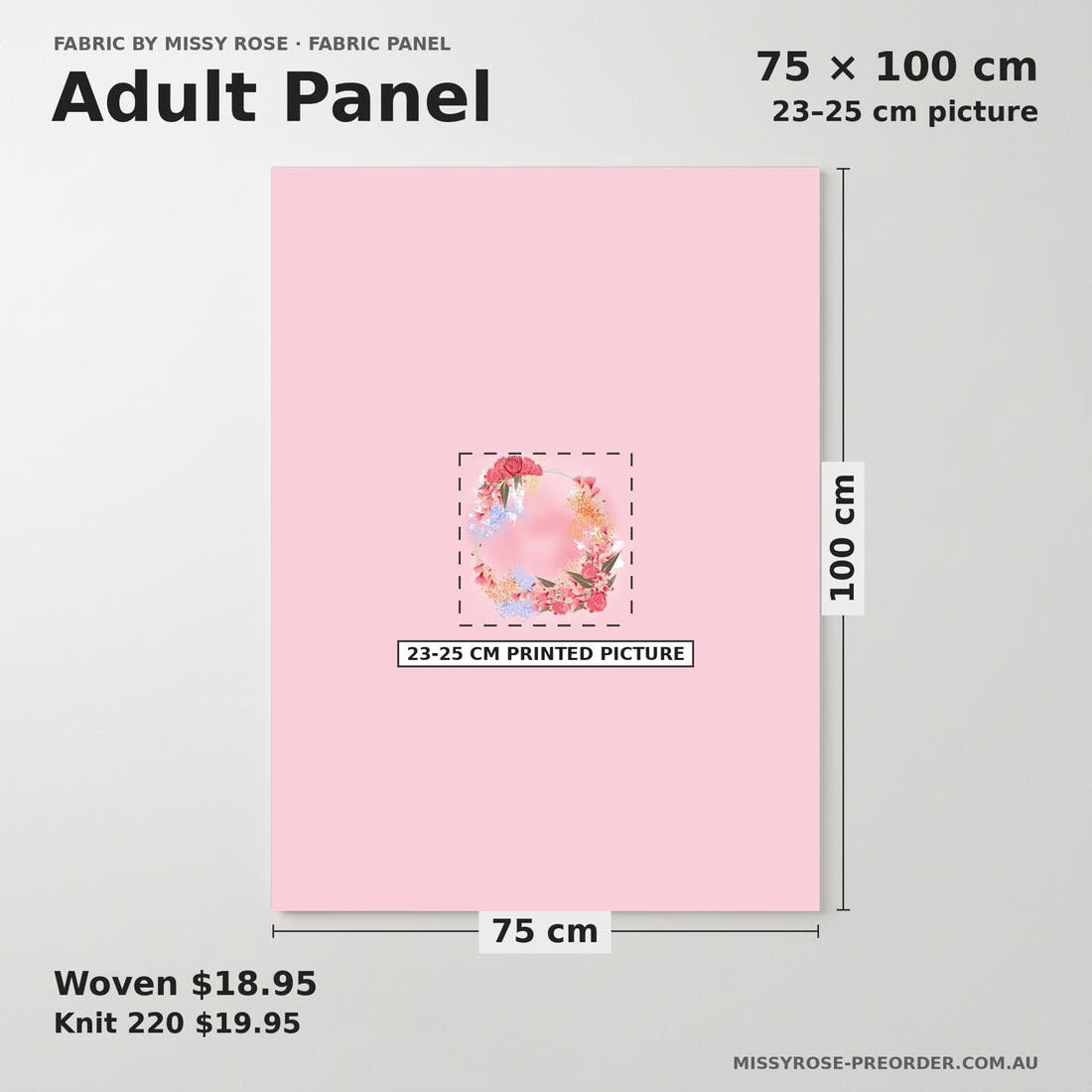 Design 429 Australian Floral Panel adult panel sizing – 23–25 cm printed picture on 75 × 100 cm fabric | Fabric by Missy Rose