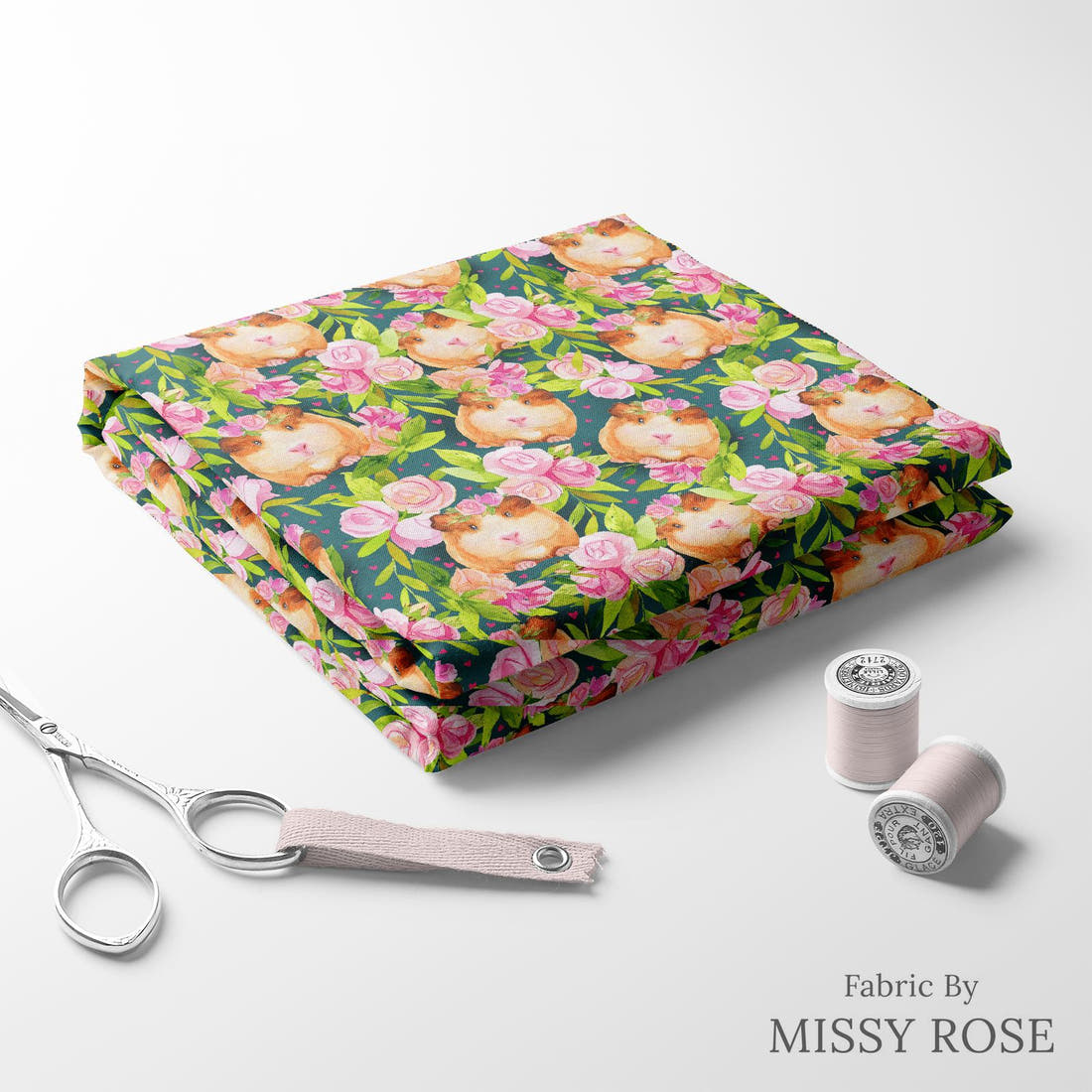 Design 430 Guinea Pig Fabric folded fabric stack with matching thread – pre-order fabric Australia | Fabric by Missy Rose