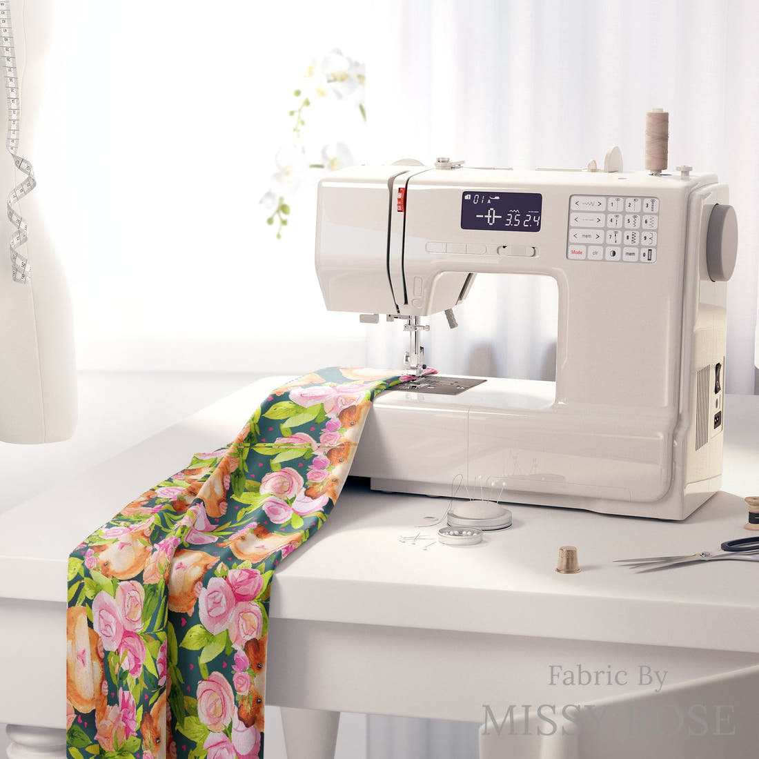Design 430 Guinea Pig Fabric on a sewing machine – premium fabric for sewing projects | Fabric by Missy Rose