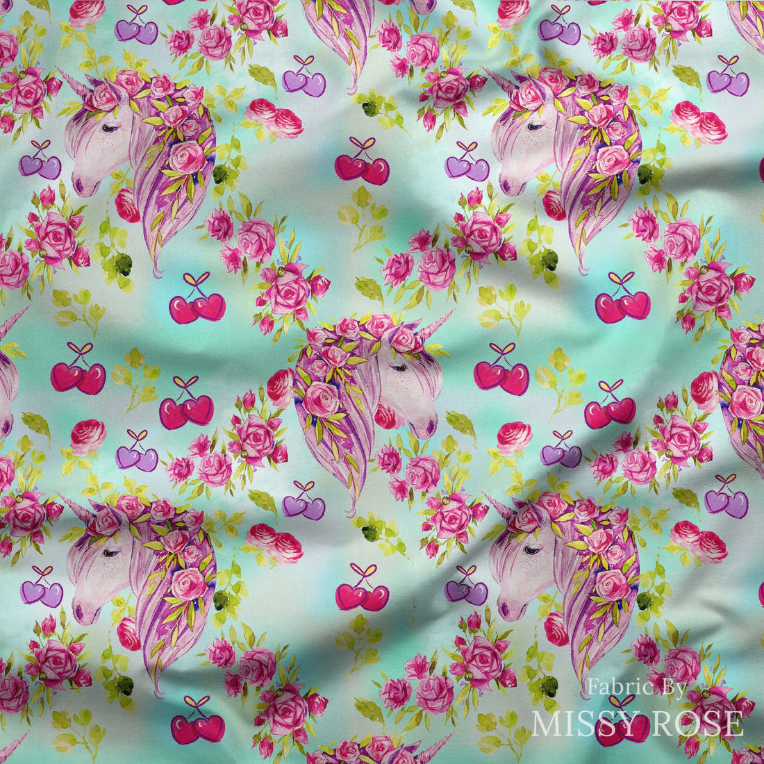 Design 431 Cherry Unicorn Fabric draped fabric mockup – custom printed fabric by the metre | Fabric by Missy Rose