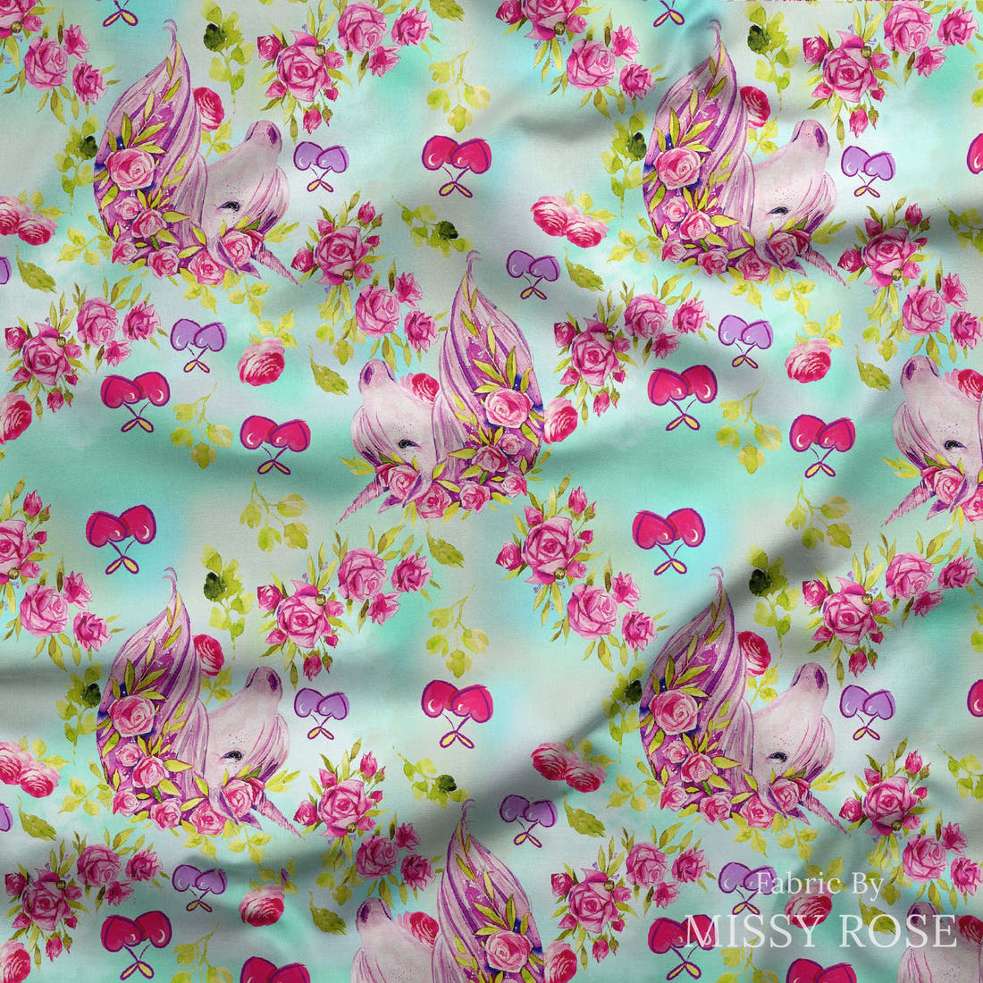 Design 431 Cherry Unicorn Fabric draped fabric mockup – custom printed fabric by the metre | Fabric by Missy Rose