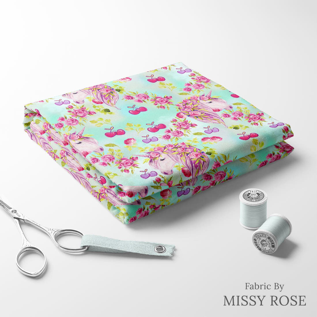 Design 431 Cherry Unicorn Fabric folded fabric stack with matching thread – pre-order fabric Australia | Fabric by Missy Rose