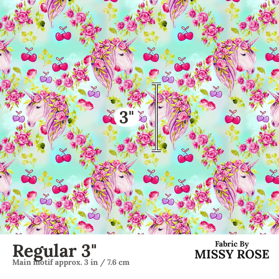 Design 431 Cherry Unicorn Fabric Regular 3" - print scale | Fabric by Missy Rose
