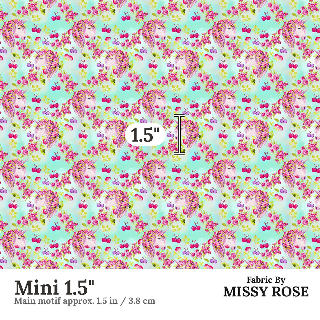 Design 431 Cherry Unicorn Fabric Mini 1.5" - print scale | Fabric by Missy Rose
