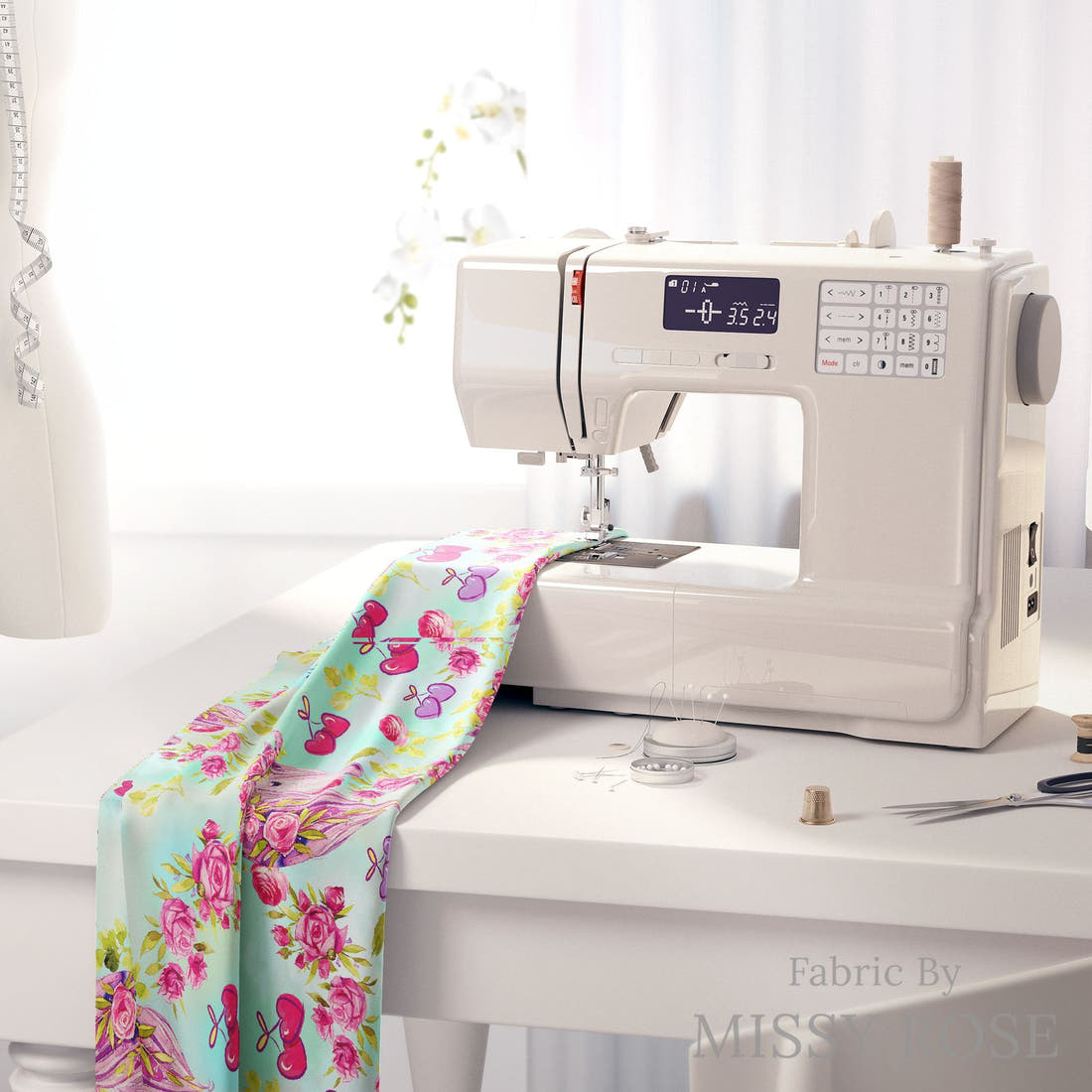 Design 431 Cherry Unicorn Fabric on a sewing machine – premium fabric for sewing projects | Fabric by Missy Rose