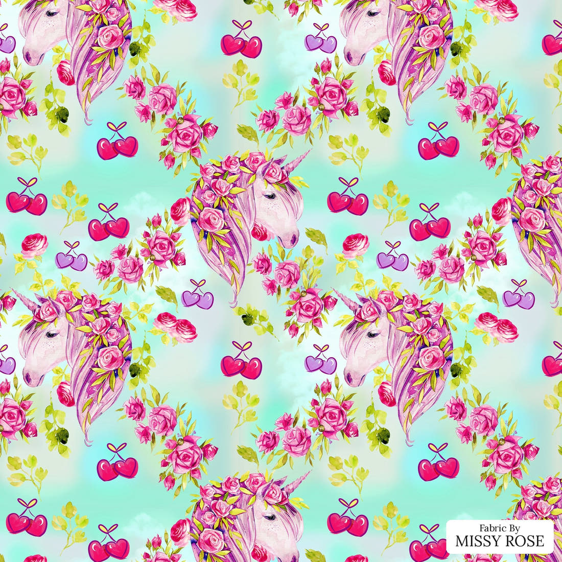 Design 431 Cherry Unicorn Fabric - flat view of the print, zoom in for detail | Fabric by Missy Rose
