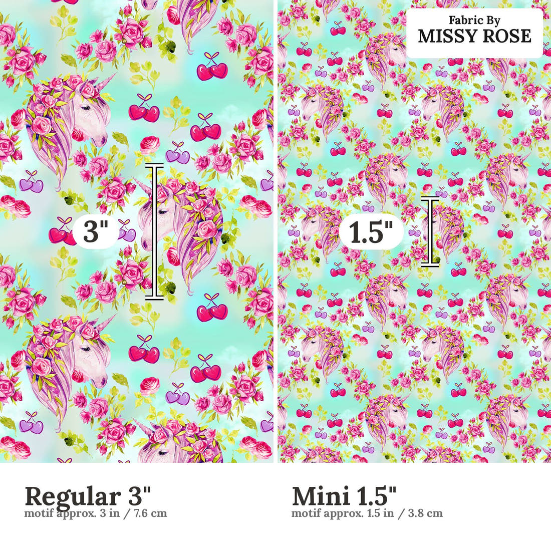 Design 431 Cherry Unicorn Fabric size comparison - print scale | Fabric by Missy Rose