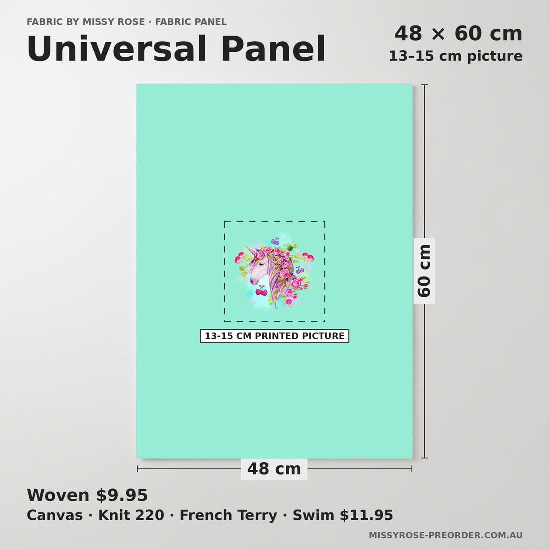 Design 431 Cherry Unicorn Panel universal panel sizing – 13–15 cm printed picture on 48 × 60 cm fabric | Fabric by Missy Rose