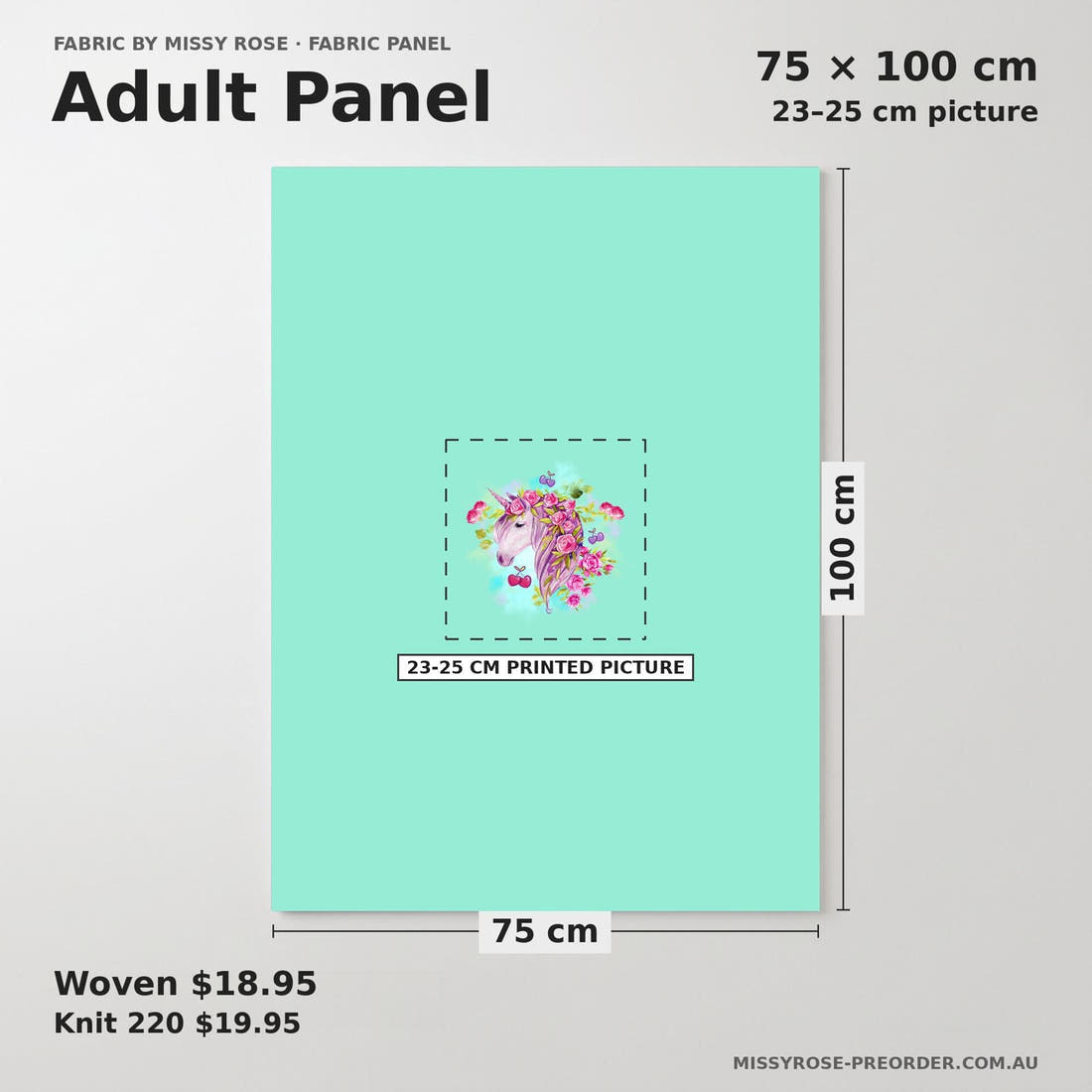 Design 431 Cherry Unicorn Panel adult panel sizing – 23–25 cm printed picture on 75 × 100 cm fabric | Fabric by Missy Rose