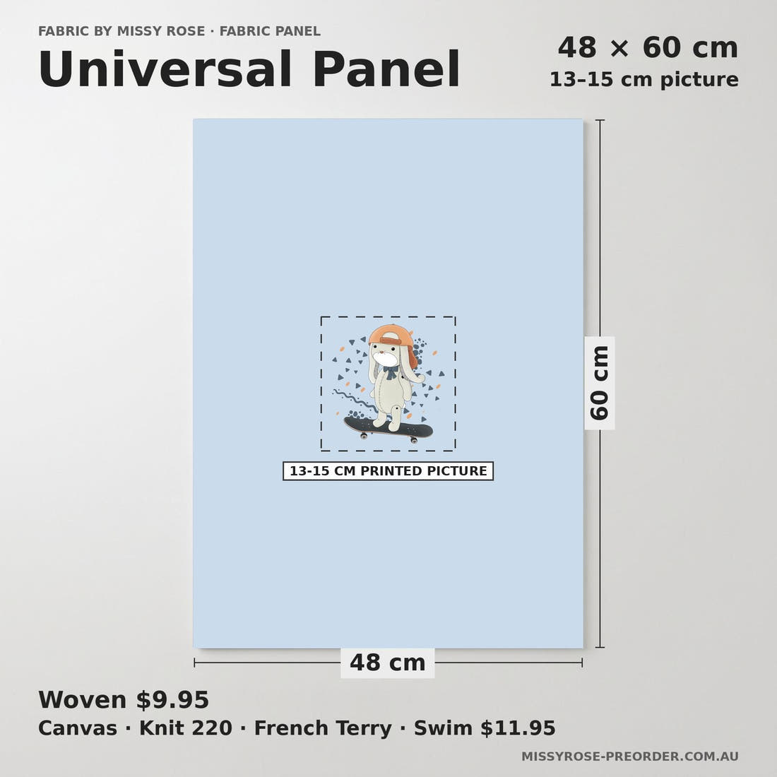 Design 433 Skateboard Bunny Panel universal panel sizing – 13–15 cm printed picture on 48 × 60 cm fabric | Fabric by Missy Rose