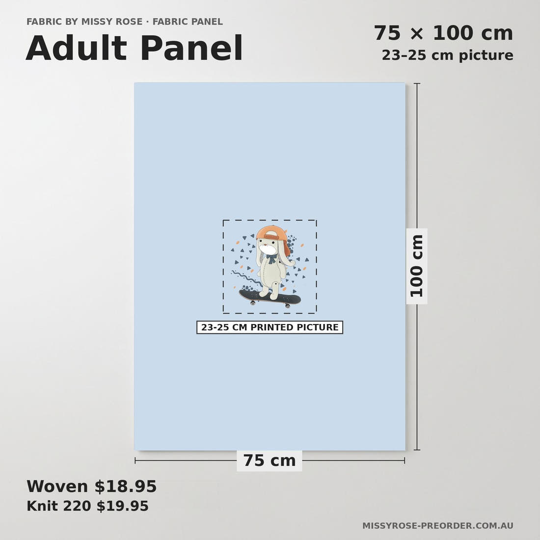 Design 433 Skateboard Bunny Panel adult panel sizing – 23–25 cm printed picture on 75 × 100 cm fabric | Fabric by Missy Rose
