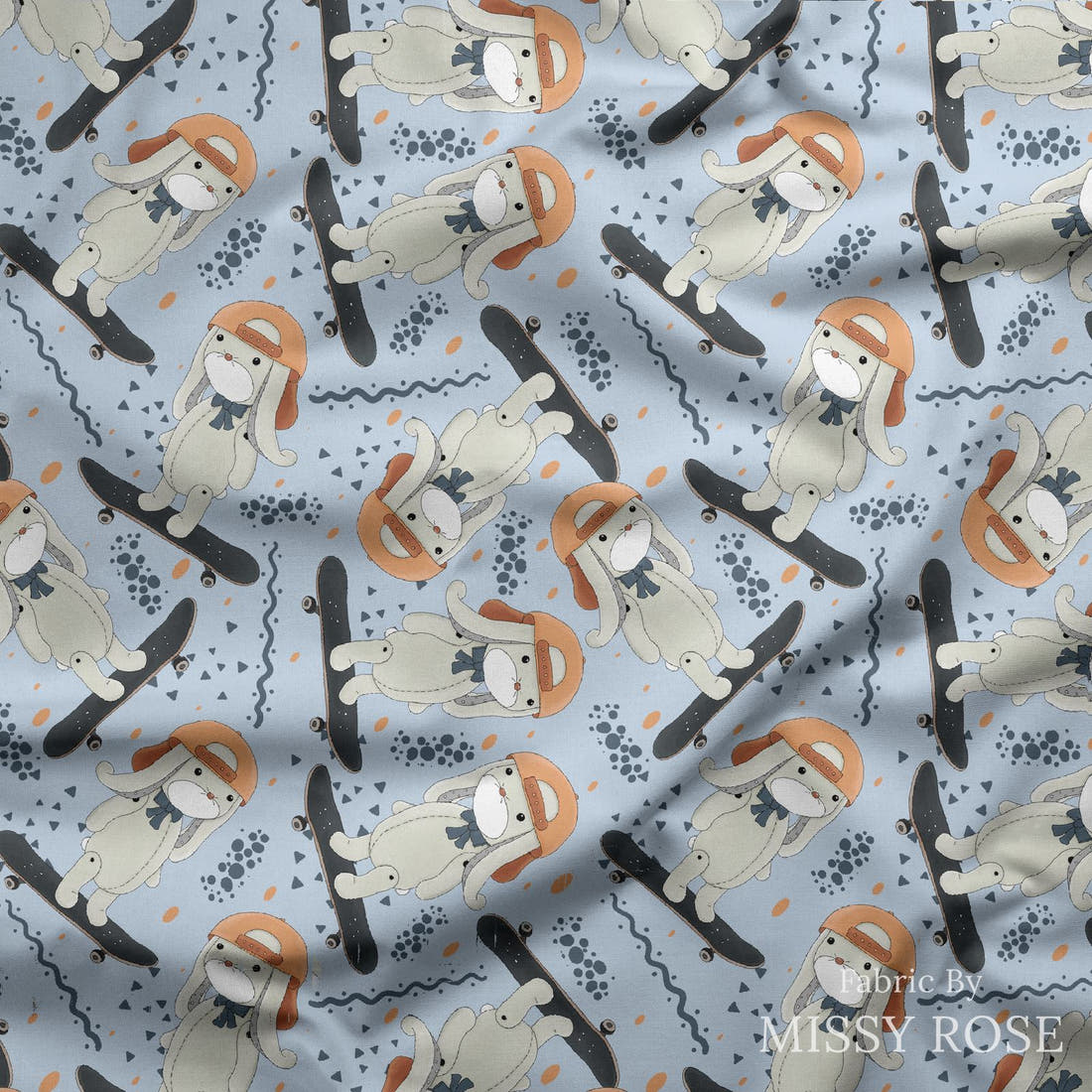 Design 433 Skateboard Bunny Fabric draped fabric mockup – custom printed fabric by the metre | Fabric by Missy Rose
