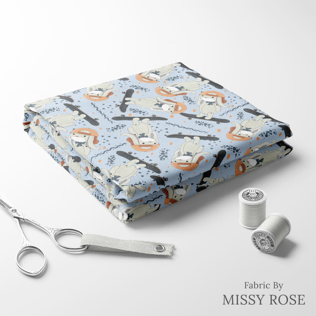 Design 433 Skateboard Bunny Fabric folded fabric stack with matching thread – pre-order fabric Australia | Fabric by Missy Rose