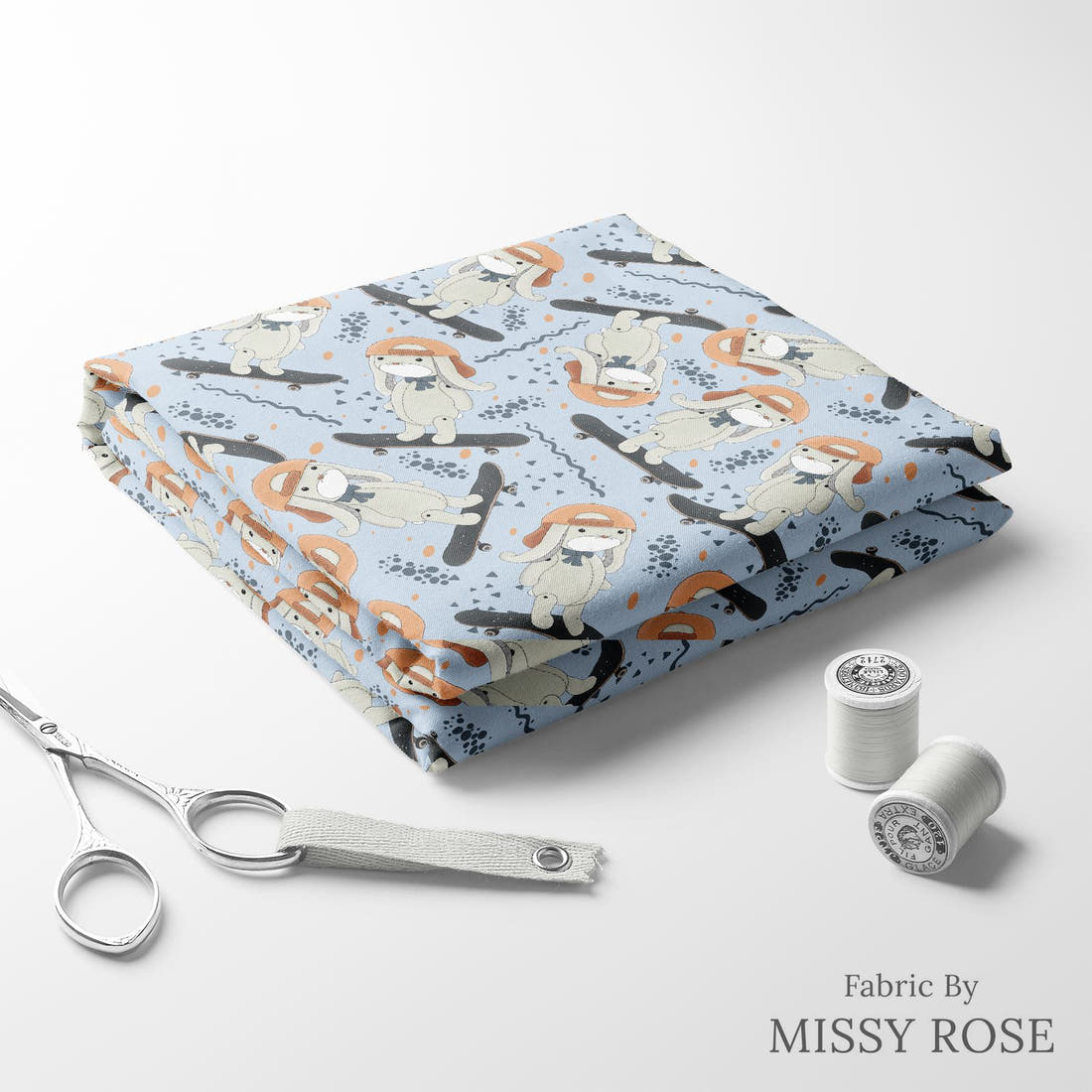 Design 433 Skateboard Bunny Fabric folded fabric stack with matching thread – pre-order fabric Australia | Fabric by Missy Rose