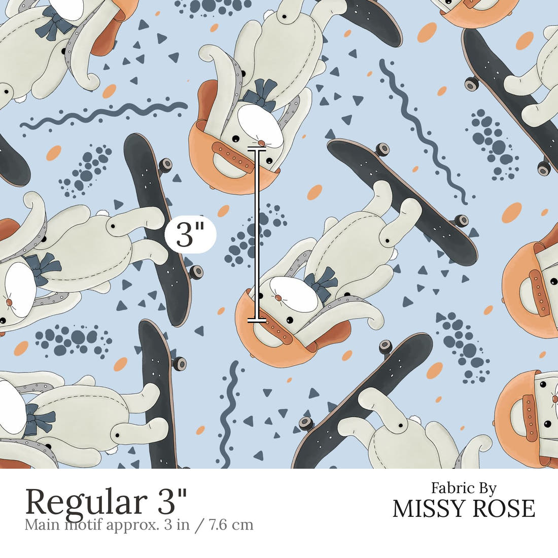 Design 433 Skateboard Bunny Fabric Regular 3 inch print scale guide | Fabric by Missy Rose
