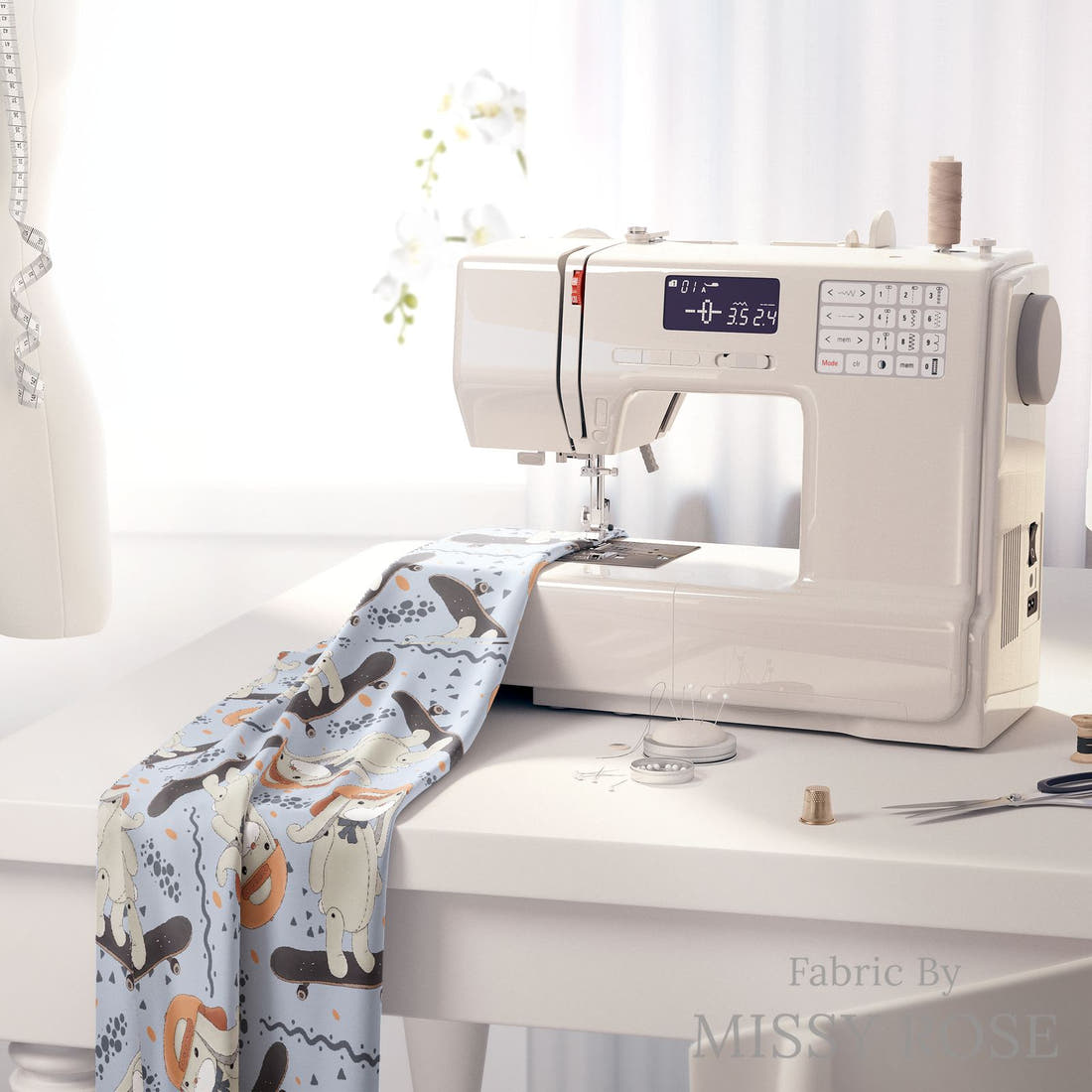 Design 433 Skateboard Bunny Fabric on a sewing machine – premium fabric for sewing projects | Fabric by Missy Rose