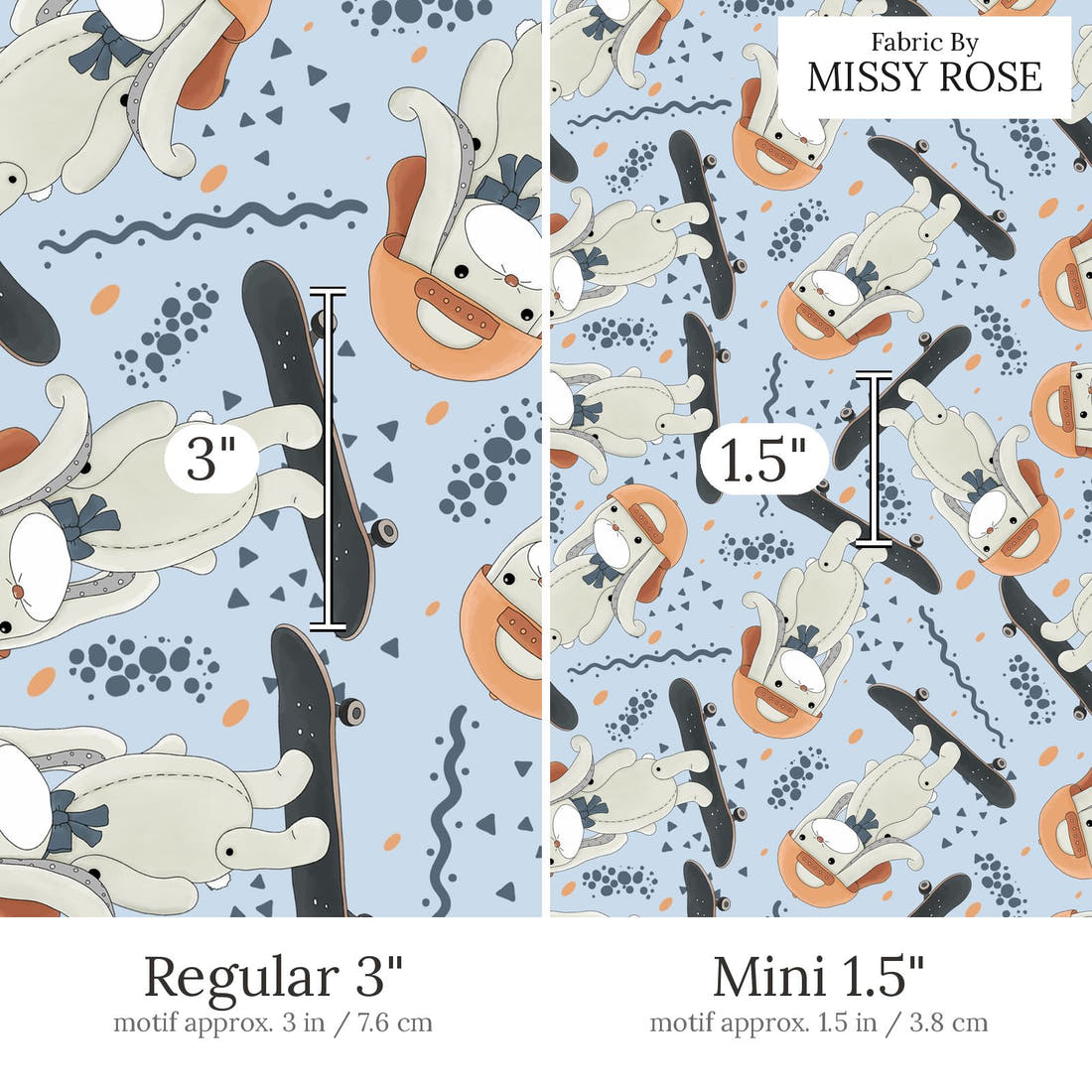 Design 433 Skateboard Bunny Fabric Regular 3 inch vs Mini 1.5 inch print scale side by side | Fabric by Missy Rose