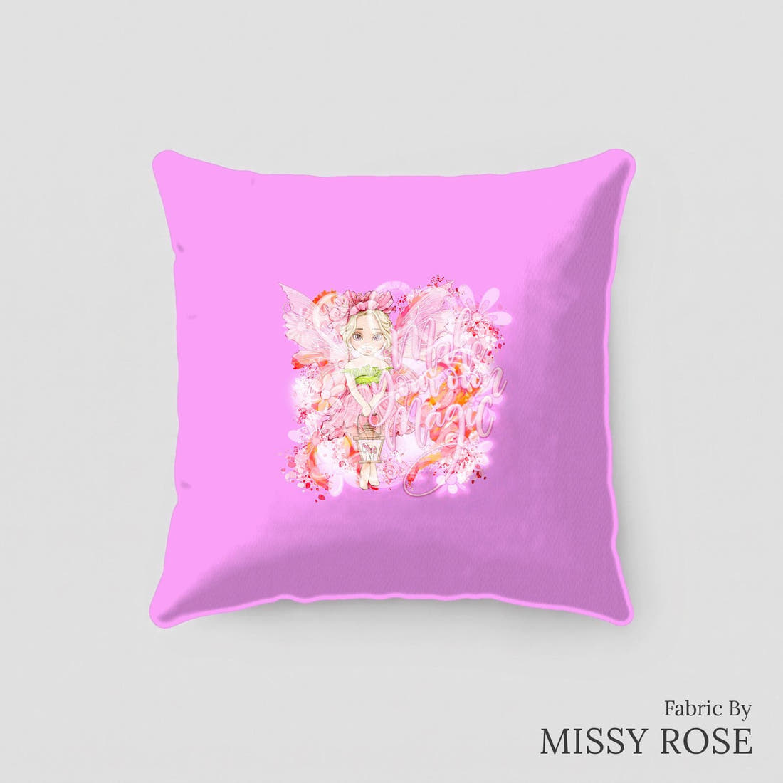 Design 434 Whimsical Fairy Panel sewn into a cushion – see how the panel looks made up | Fabric by Missy Rose