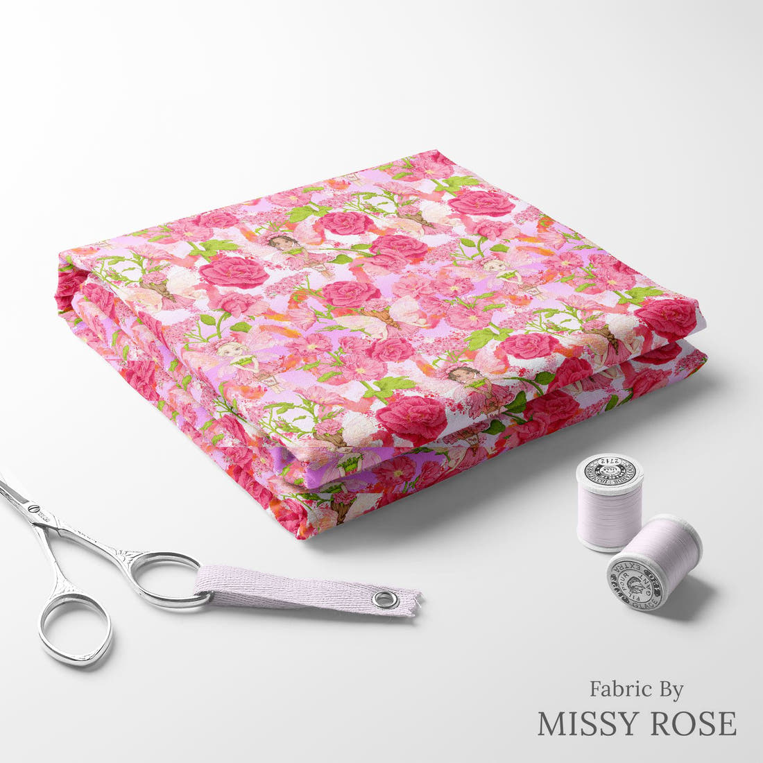 Design 434 Whimsical Fairy Fabric folded fabric stack with matching thread – pre-order fabric Australia | Fabric by Missy Rose