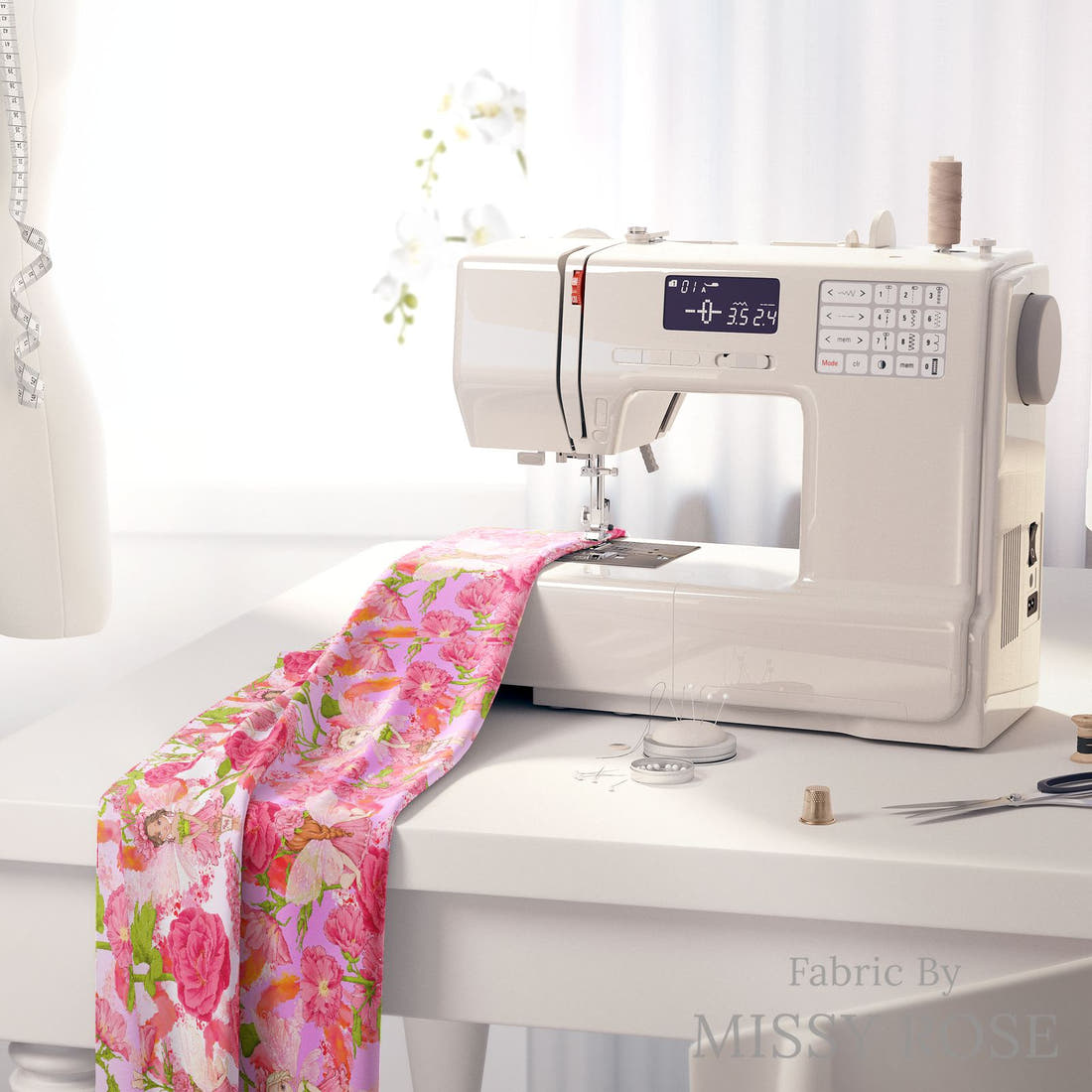 Design 434 Whimsical Fairy Fabric on a sewing machine – premium fabric for sewing projects | Fabric by Missy Rose
