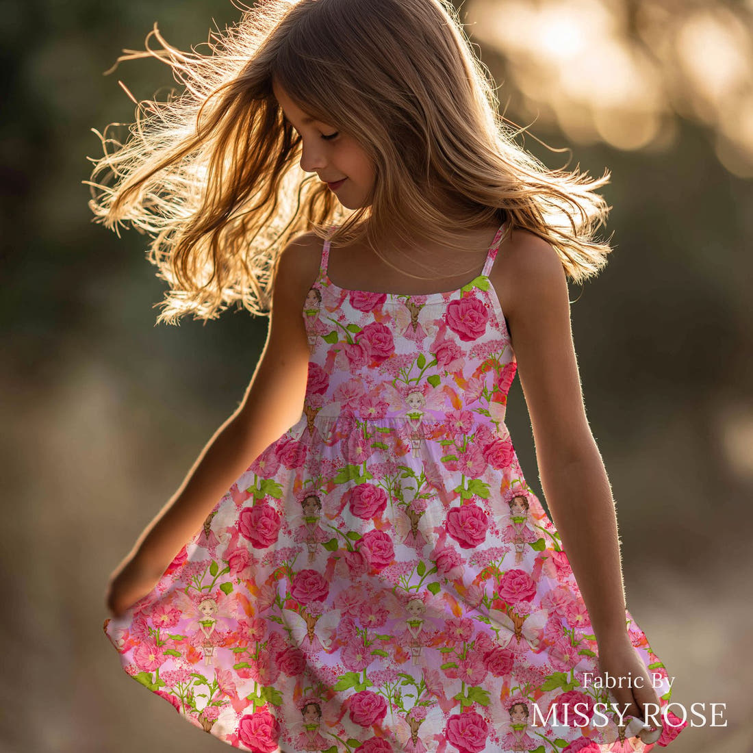 Design 434 Whimsical Fairy Fabric sewn into a girls' dress – see how the print looks made up | Fabric by Missy Rose