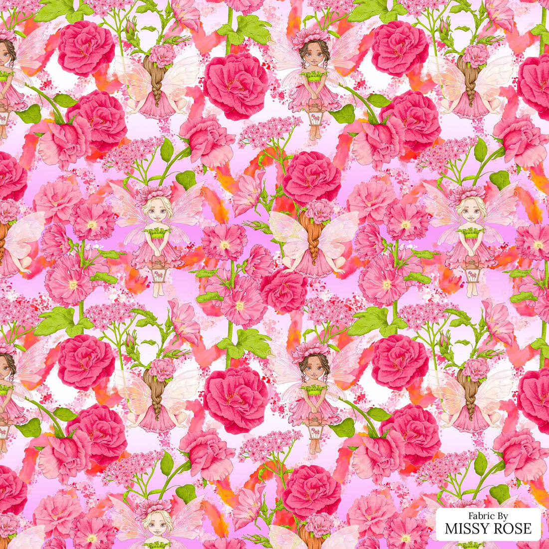 Design 434 Whimsical Fairy Fabric - flat view of the print, zoom in for detail | Fabric by Missy Rose
