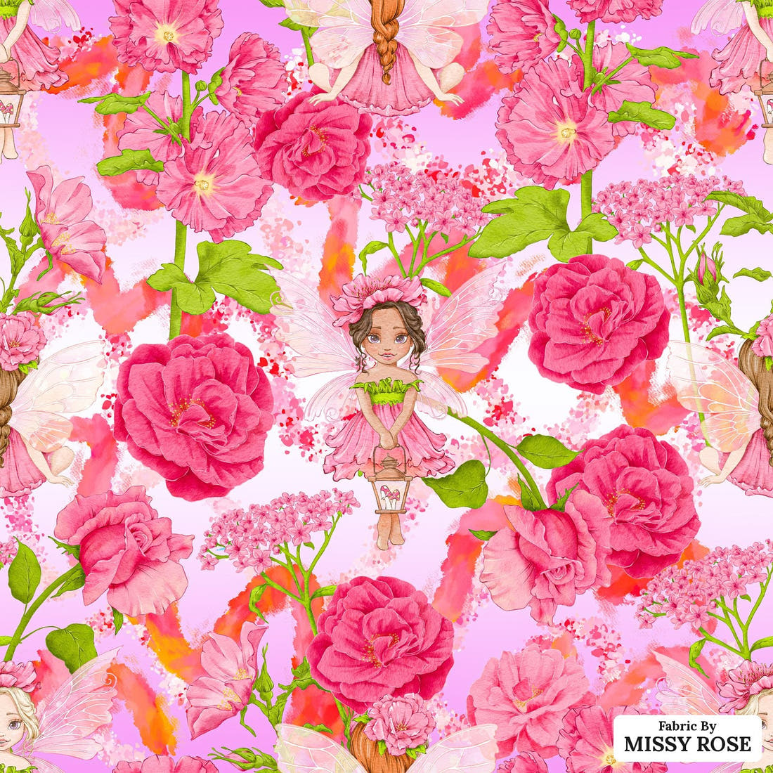 Design 434 Whimsical Fairy Fabric - flat view of the print, zoom in for detail | Fabric by Missy Rose