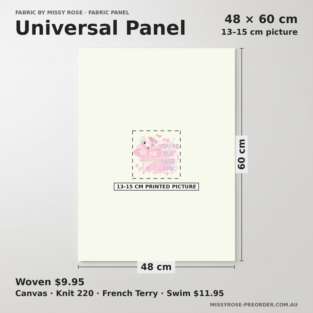 Design 435 Pastel Flamingo Panel universal panel sizing – 13–15 cm printed picture on 48 × 60 cm fabric | Fabric by Missy Rose
