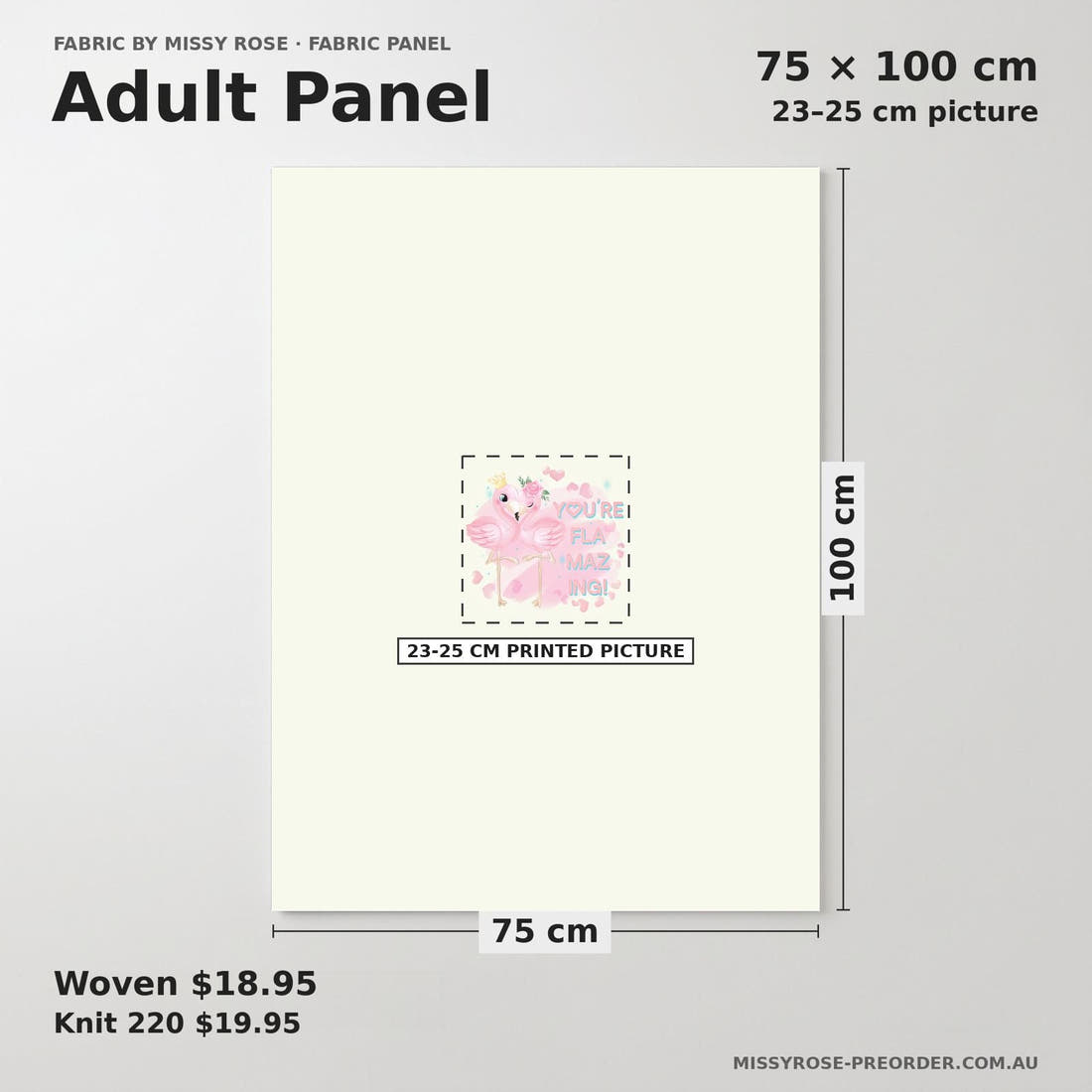 Design 435 Pastel Flamingo Panel adult panel sizing – 23–25 cm printed picture on 75 × 100 cm fabric | Fabric by Missy Rose