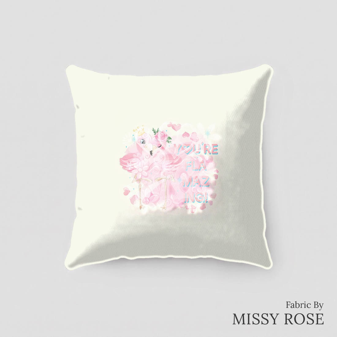 Design 435 Pastel Flamingo Panel sewn into a cushion – see how the panel looks made up | Fabric by Missy Rose
