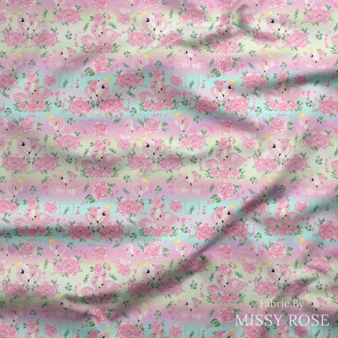 Design 435 Pastel Flamingo Fabric draped fabric mockup – custom printed fabric by the metre | Fabric by Missy Rose