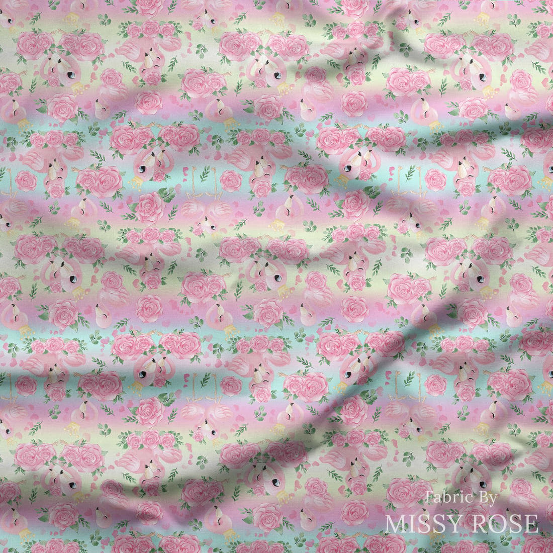 Design 435 Pastel Flamingo Fabric draped fabric mockup – custom printed fabric by the metre | Fabric by Missy Rose