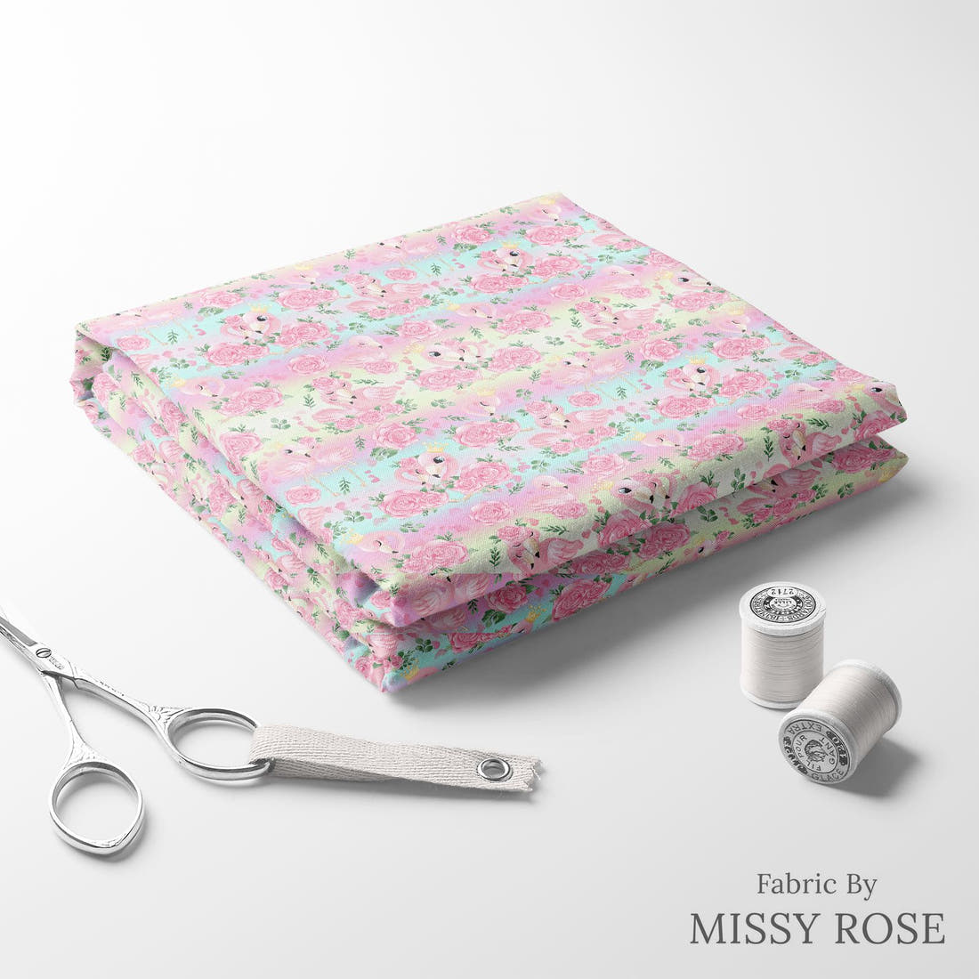 Design 435 Pastel Flamingo Fabric folded fabric stack with matching thread – pre-order fabric Australia | Fabric by Missy Rose