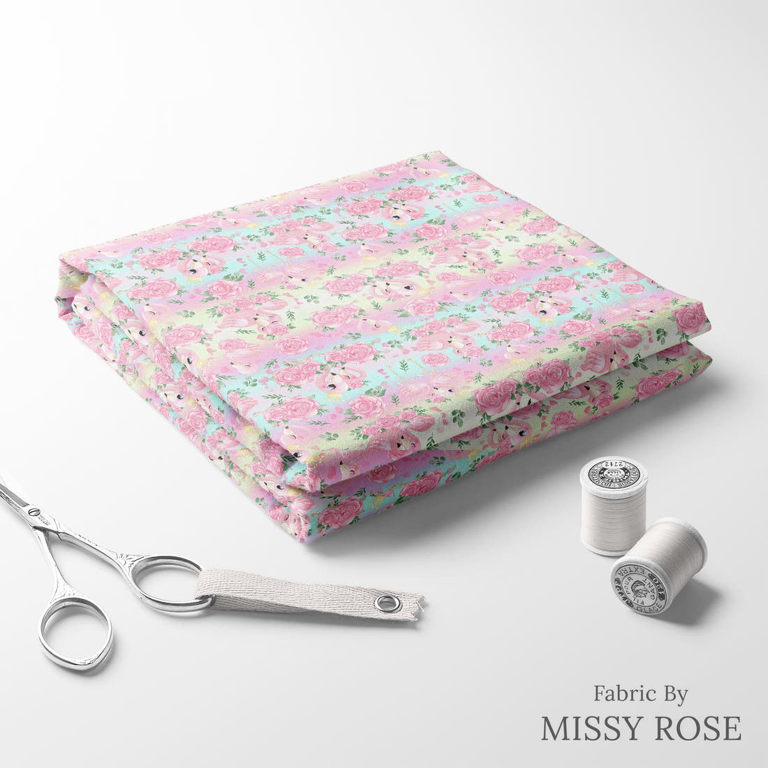 Design 435 Pastel Flamingo Fabric folded fabric stack with matching thread – pre-order fabric Australia | Fabric by Missy Rose