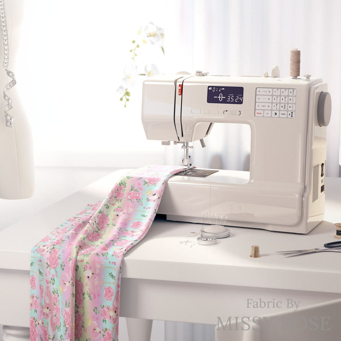 Design 435 Pastel Flamingo Fabric on a sewing machine – premium fabric for sewing projects | Fabric by Missy Rose