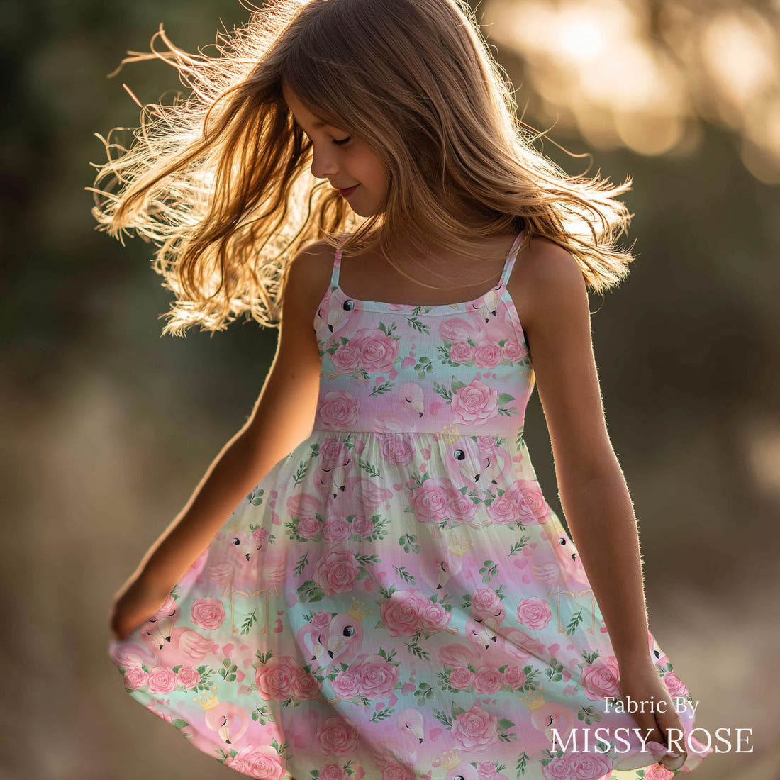 Design 435 Pastel Flamingo Fabric sewn into a girls' dress – see how the print looks made up | Fabric by Missy Rose