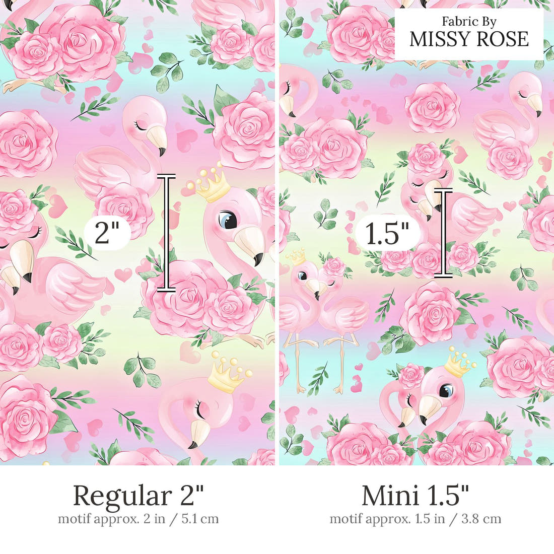 Design 435 Pastel Flamingo Fabric Regular 2 inch vs Mini 1.5 inch print scale side by side | Fabric by Missy Rose