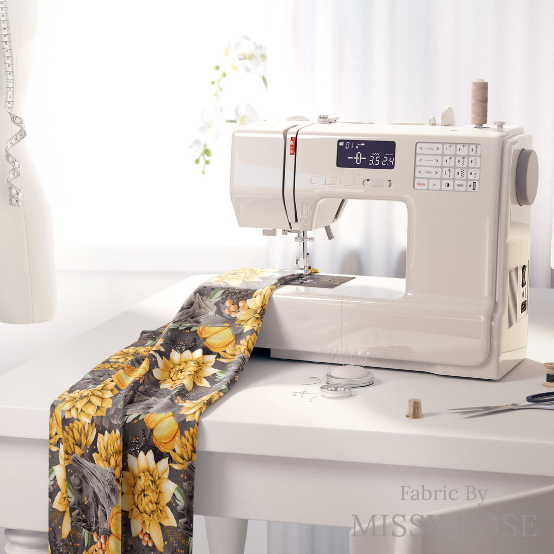 Design 436 Flying Fox Fabric on a sewing machine – premium fabric for sewing projects | Fabric by Missy Rose