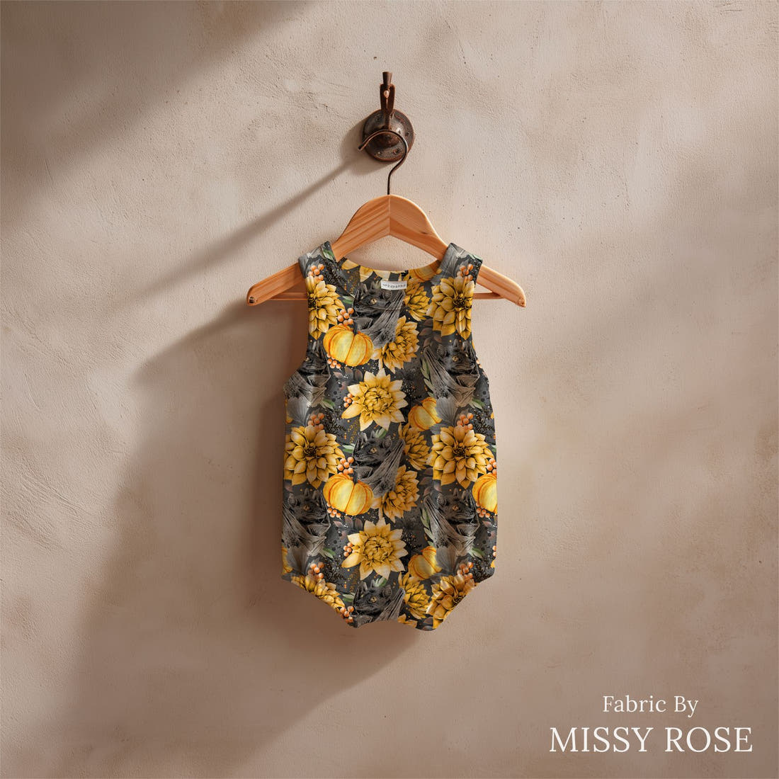 Design 436 Flying Fox Fabric sewn into a baby romper – see how the print looks made up | Fabric by Missy Rose