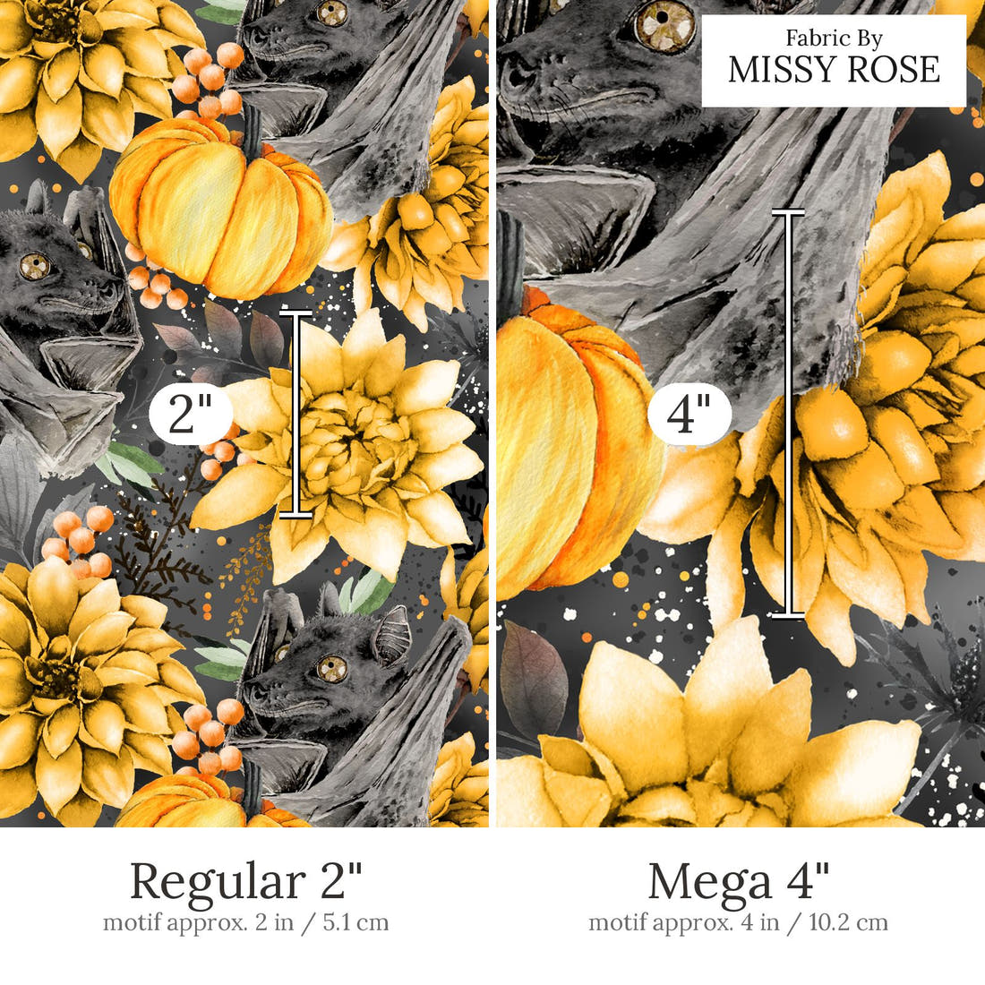 Design 436 Flying Fox Fabric Regular 2 inch vs Mega 4 inch print scale side by side | Fabric by Missy Rose