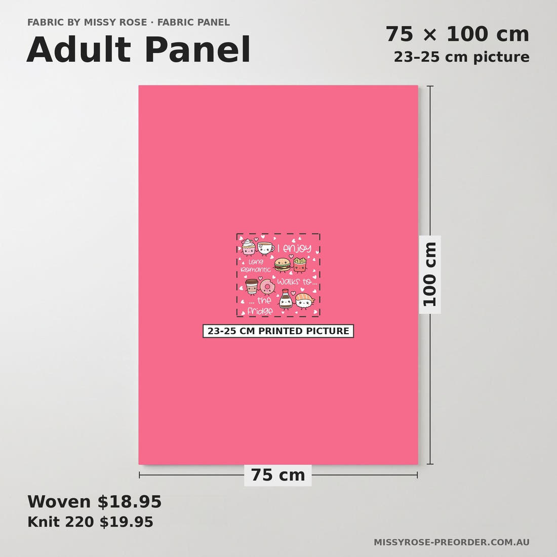 Design 437 Pink Foods Panel adult panel sizing – 23–25 cm printed picture on 75 × 100 cm fabric | Fabric by Missy Rose